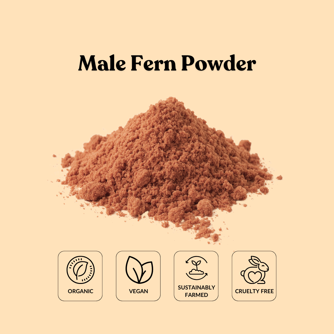 Pile of male fern powder with certification icons on a beige background