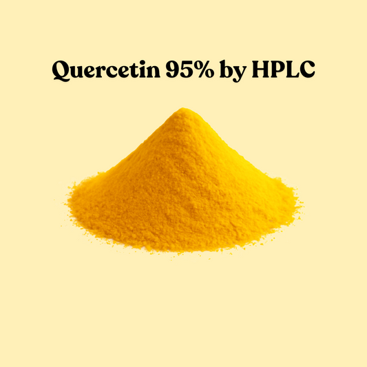 Yellow powder with 'Quercetin 95% by HPLC' text on a beige background