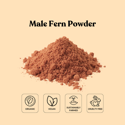 Pile of male fern powder with certification icons on a beige background
