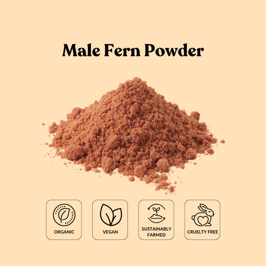 Pile of male fern powder with certification icons on a beige background