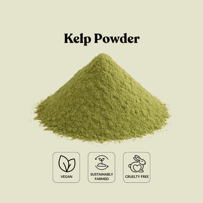 Kelp powder with vegan, sustainably farmed, and cruelty-free icons on a beige background