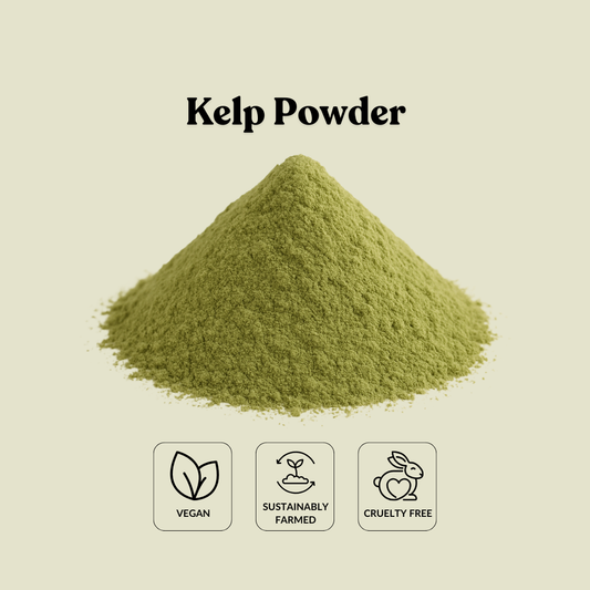 Kelp powder with vegan, sustainably farmed, and cruelty-free icons on a beige background